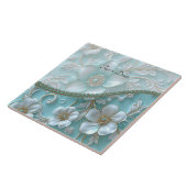 Blauwgroen Witte Bloemen Keramische Tegel Tegeltje (Zijkant)