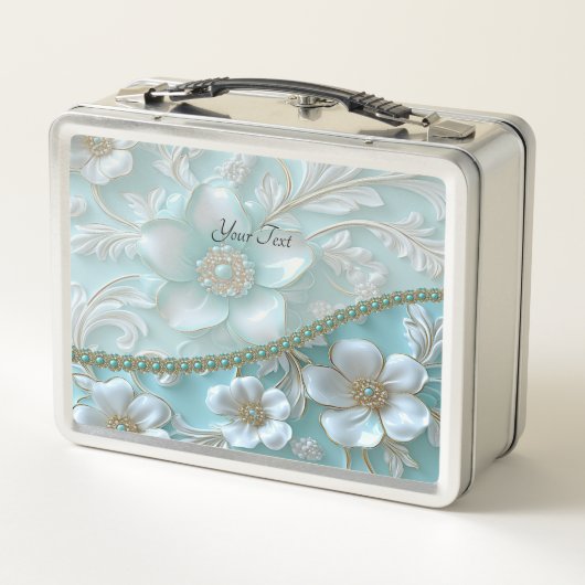 Blauwgroen Witte Bloemen Lunchbox (Achterkant)