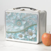 Blauwgroen Witte Bloemen Lunchbox (In situ)