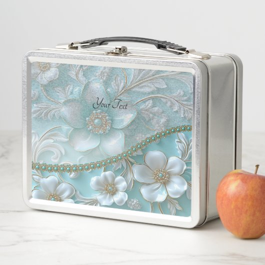 Blauwgroen Witte Bloemen Lunchbox (In situ)