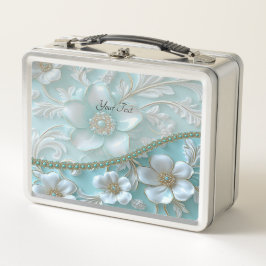 Blauwgroen Witte Bloemen Lunchbox