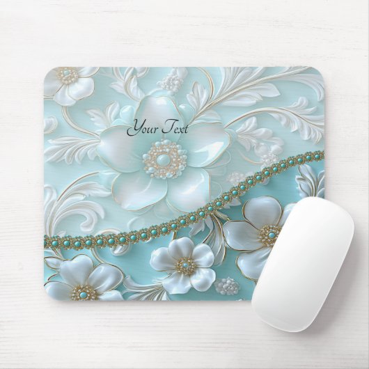 Blauwgroen Witte Bloemen Mousepad Muismat (Met muis)