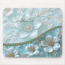 Blauwgroen Witte Bloemen Mousepad Muismat