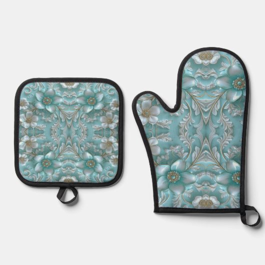 Blauwgroen Witte Bloemen Oven Mitt & Pot Holder Se Ovenwant & Pannenlap Set (Voorkant)