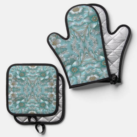 Blauwgroen Witte Bloemen Oven Mitt & Pot Holder Se Ovenwant & Pannenlap Set (Voorkant / Achterkant)