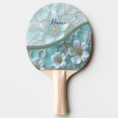 Blauwgroen Witte Bloemen Ping Pong Paddle Tafeltennisbatje (Achterkant)
