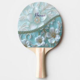 Blauwgroen Witte Bloemen Ping Pong Paddle Tafeltennisbatje