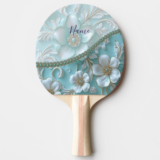 Blauwgroen Witte Bloemen Ping Pong Paddle Tafeltennisbatje (Voorkant)