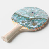 Blauwgroen Witte Bloemen Ping Pong Paddle Tafeltennisbatje (Voorkant Gekanteld)