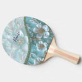 Blauwgroen Witte Bloemen Ping Pong Paddle Tafeltennisbatje (Zijkant)