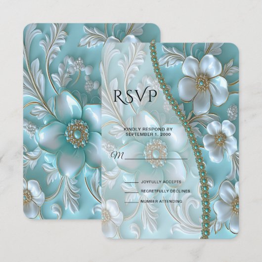 Blauwgroen witte bloemen RSVP-kaart RSVP Kaartje (Voorkant / Achterkant)
