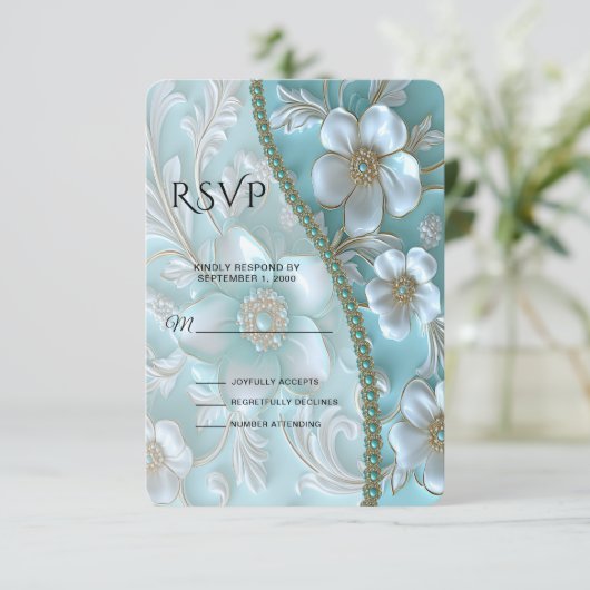 Blauwgroen witte bloemen RSVP-kaart RSVP Kaartje (Staand voorkant)