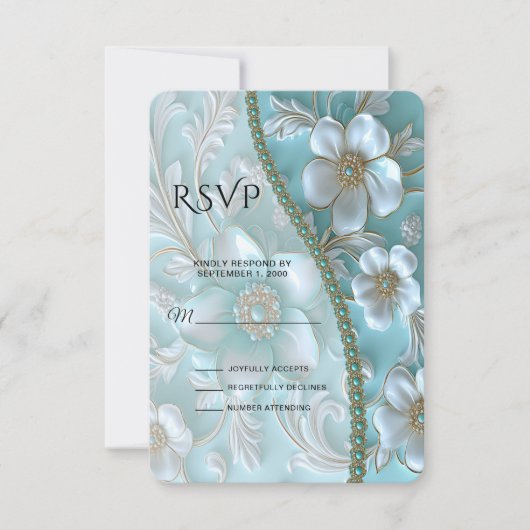 Blauwgroen witte bloemen RSVP-kaart RSVP Kaartje (Voorkant)