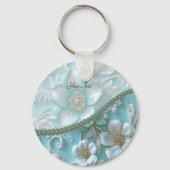 Blauwgroen Witte Bloemen Sleutelhanger (Voorkant)