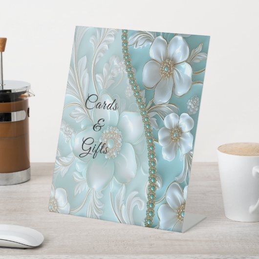 Blauwgroen Witte Bloemen Tafelblad Tekenen Reclamebord Met Voetstuk (Insitu)