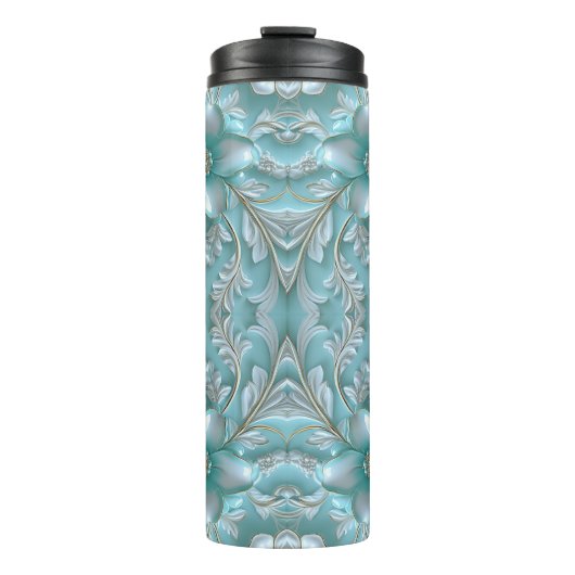 Blauwgroen Witte Bloemen Thermische Tumbler Thermosbeker (Voorkant)