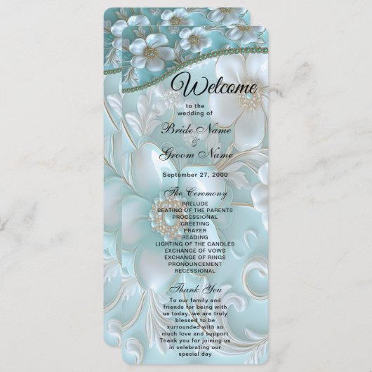 Blauwgroen Witte Bloemen Trouwprogramma Programmakaart (Voorkant / Achterkant)
