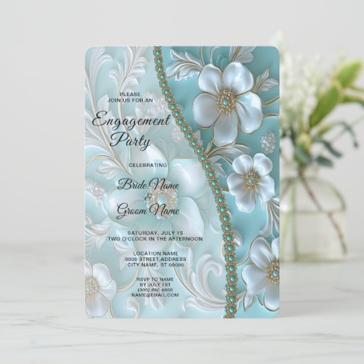 Blauwgroen witte bloemen Verloving uitnodiging (Staand voorkant)