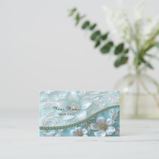 Blauwgroen witte bloemen Visitekaartje (Staand voorkant)