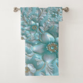 Blauwgroen witte bloemenhanddoek set bad handdoek (Insitu)