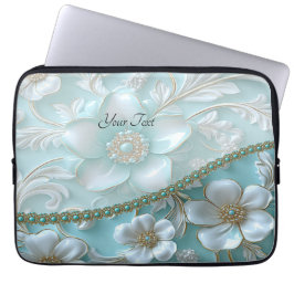 Blauwgroen witte bloemenlaptophoes laptop sleeve