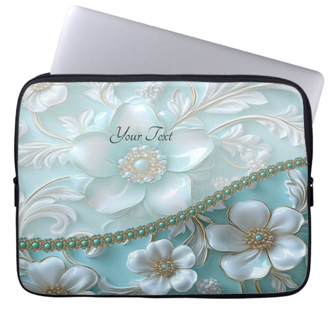 Blauwgroen witte bloemenlaptophoes laptop sleeve (Voorkant)