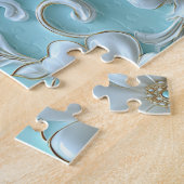 Blauwgroen witte bloemenlegpuzzel legpuzzel (Zijkant)