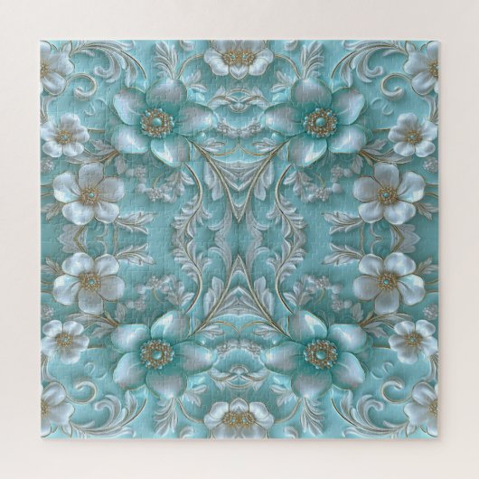 Blauwgroen witte bloemenlegpuzzel legpuzzel (Verticaal)