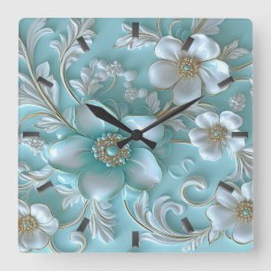 Blauwgroen witte bloemenwandklok vierkante klok