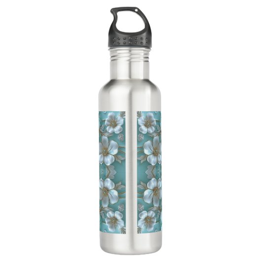 Blauwgroen witte bloemenwaterfles waterfles (Achterkant)