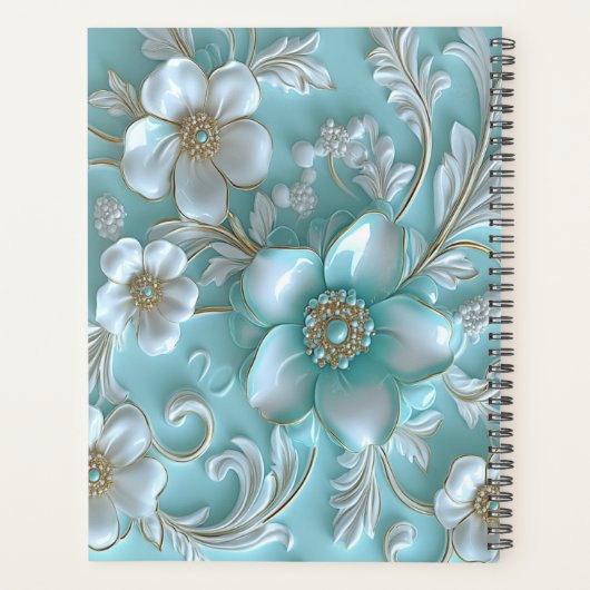 Blauwgroen witte bloemplanner planner (Achterkant)