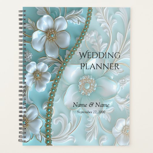 Blauwgroen witte bloemplanner planner (Voorkant)