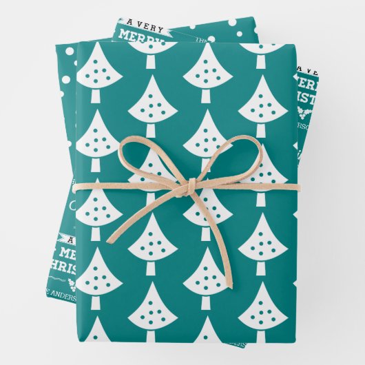 Blauwgroen witte bomen sneeuwvlokken en wensen Ker Inpakpapier Vel (In situ)