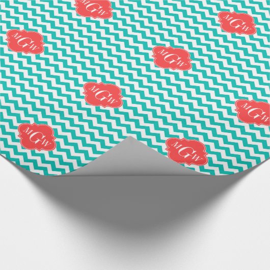 Blauwgroen Witte Chevron Coral Quatrefoil 3 Monogr Cadeaupapier (Hoek)
