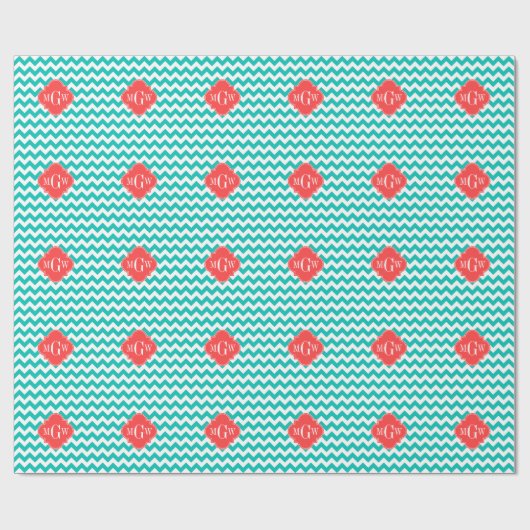 Blauwgroen Witte Chevron Coral Quatrefoil 3 Monogr Cadeaupapier (Vlak)