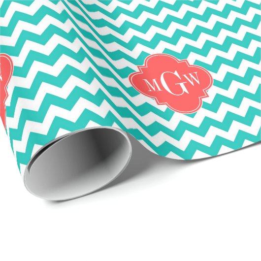 Blauwgroen Witte Chevron Coral Quatrefoil 3 Monogr Cadeaupapier (Rol Hoek)