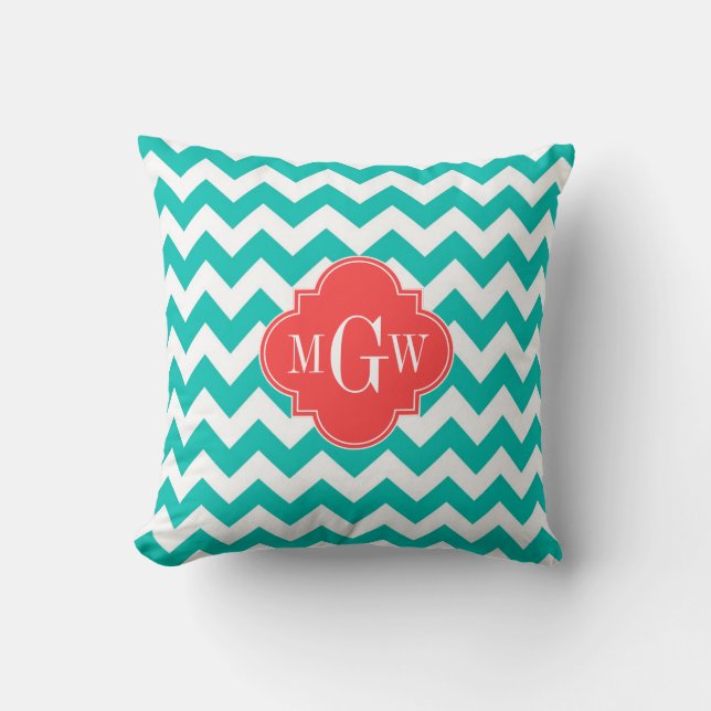 Blauwgroen Witte Chevron Coral Quatrefoil 3 Monogr Kussen (Voorkant)