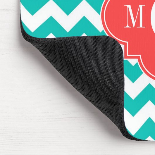 Blauwgroen Witte Chevron Coral Quatrefoil 3 Monogr Muismat (Hoek)