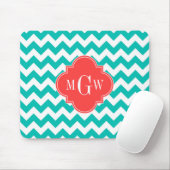 Blauwgroen Witte Chevron Coral Quatrefoil 3 Monogr Muismat (Met muis)