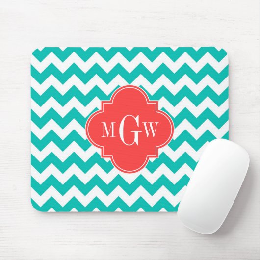 Blauwgroen Witte Chevron Coral Quatrefoil 3 Monogr Muismat (Met muis)