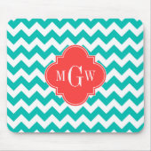 Blauwgroen Witte Chevron Coral Quatrefoil 3 Monogr Muismat (Voorkant)