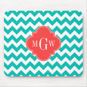 Blauwgroen Witte Chevron Coral Quatrefoil 3 Monogr Muismat