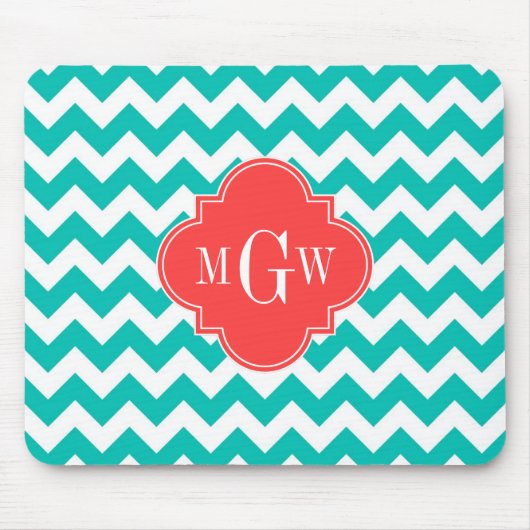 Blauwgroen Witte Chevron Coral Quatrefoil 3 Monogr Muismat (Voorkant)