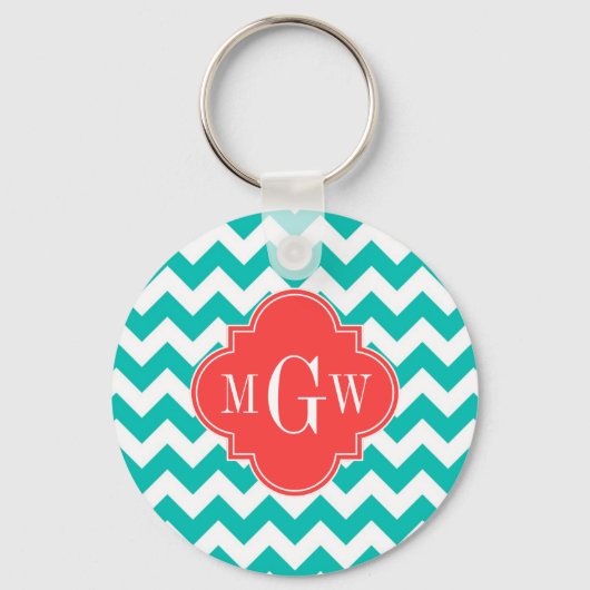 Blauwgroen Witte Chevron Coral Quatrefoil 3 Monogr Sleutelhanger (Voorkant)