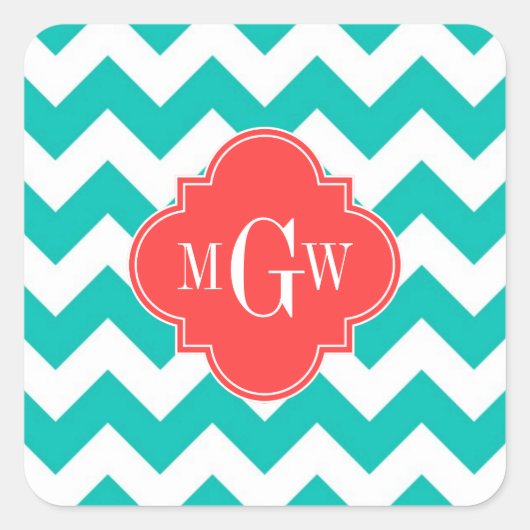 Blauwgroen Witte Chevron Coral Quatrefoil 3 Monogr Vierkante Sticker (Voorkant)