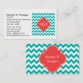 Blauwgroen Witte Chevron Coral Quatrefoil 3 Monogr Visitekaartje (Voorkant / Achterkant)