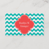 Blauwgroen Witte Chevron Coral Quatrefoil 3 Monogr Visitekaartje (Achterkant)