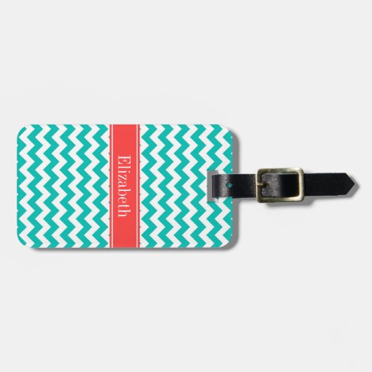 Blauwgroen Witte Chevron ZigZag Coral Name Monogra Bagagelabel (Voorkant horizontaal)