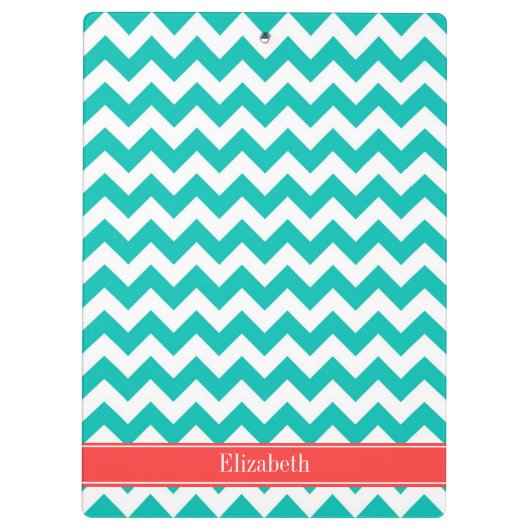 Blauwgroen Witte Chevron ZigZag Coral Name Monogra Klembord (Achterkant)