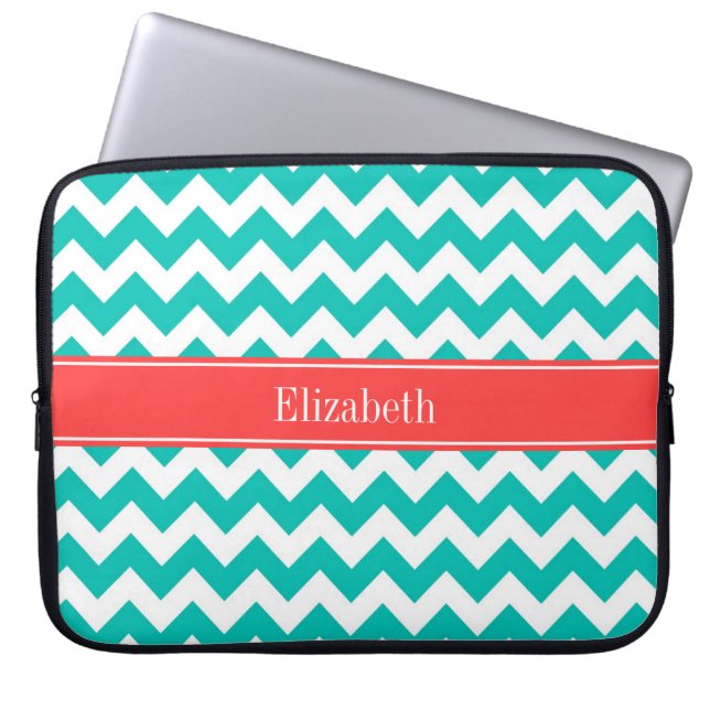 Blauwgroen Witte Chevron ZigZag Coral Name Monogra Laptop Sleeve (Voorkant)